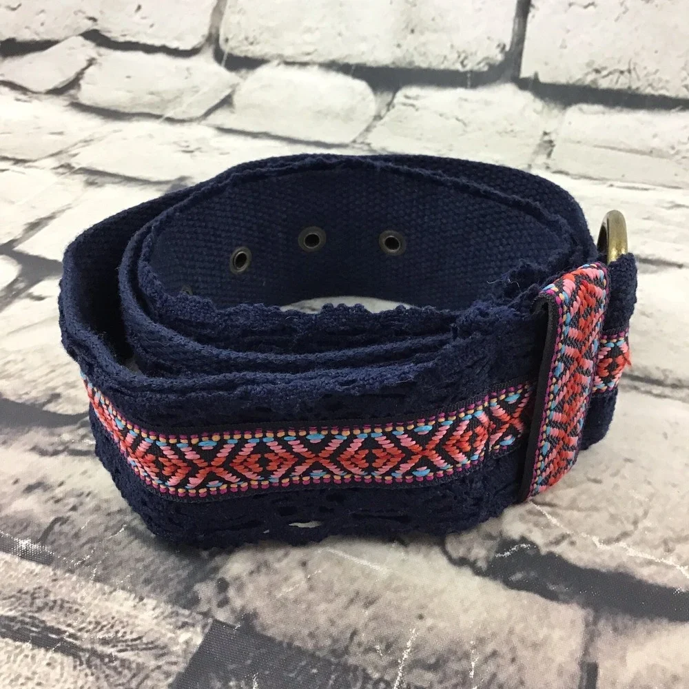 Vtg Sz 15 Fabric Belt‎ Navy Blue Lace Trim Pink Stripe Fits 36-41 Waist Boho
